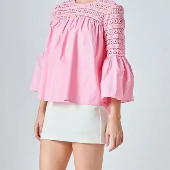 Anthropologie Endless Rose Pink Lace Poplin Bell Sleeve Blouse Large TJ027T - Picture 4 of 14